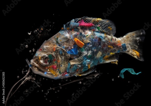 Fish consisting microplastics on black background. Concept of marine debris and ecological disaster. Generative AI. photo