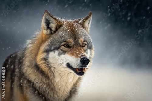 Wolf growling face in realistic style among the snow view. Wallpaper art background. Wolfy. Howling. Generative AI.