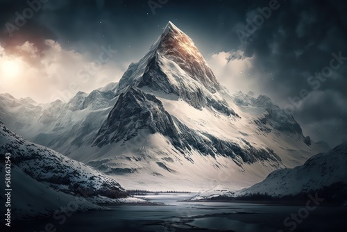 Snow mountain. Snowy mountain. Realistic style. High snow mountains. Generative AI. © SaraY Studio 