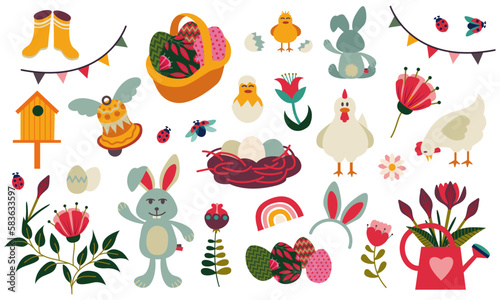 Isolated vector illustrations on a white background. Easter items, rabbit, chocolate eggs and chicken in a nice colorful palette