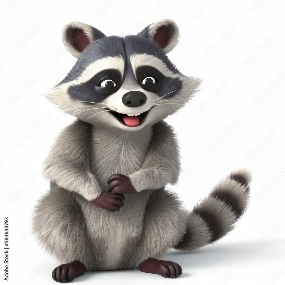 Cartoon cute raccoon on a white background. AI generative.