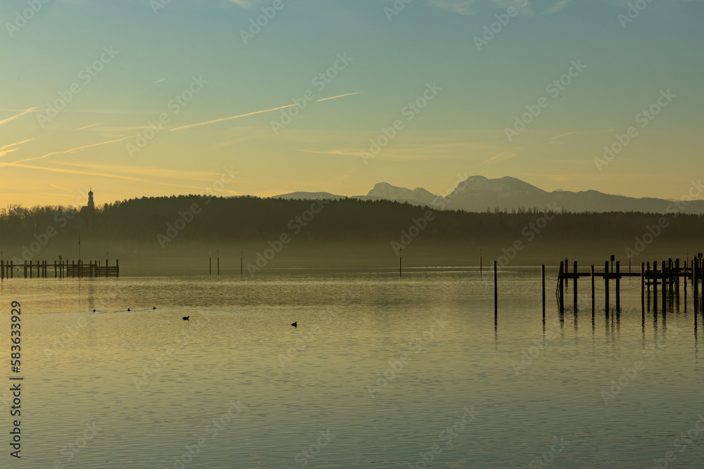 view over Chiemsee lake in sunset