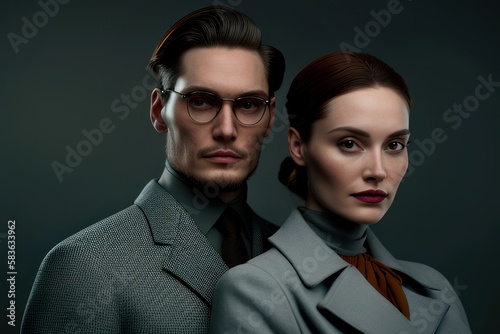 Portrait of a beautiful modern couple with grey background. Fictional person created with Generative AI
