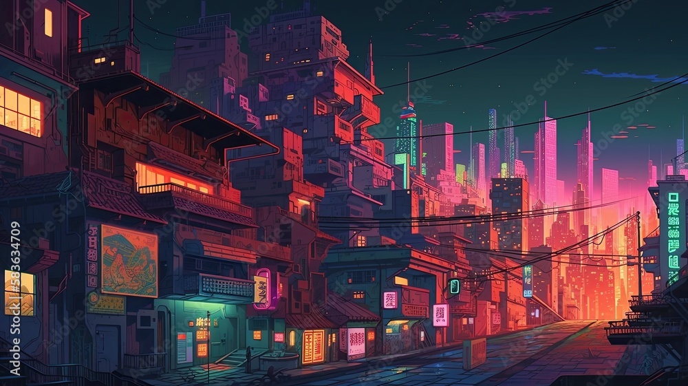 Synthwave city style retro 80's. Futuristic town in neon colors. Generative AI Synthwave city style retro 80's. Futuristic town in neon colors. Generative AI