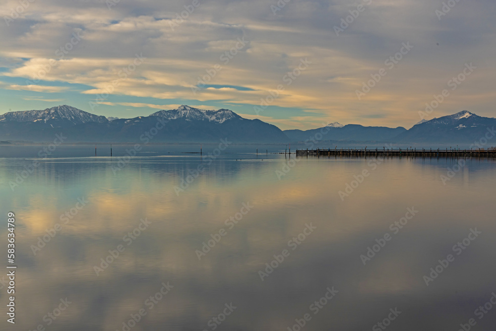 view over Chiemsee lake to the alps