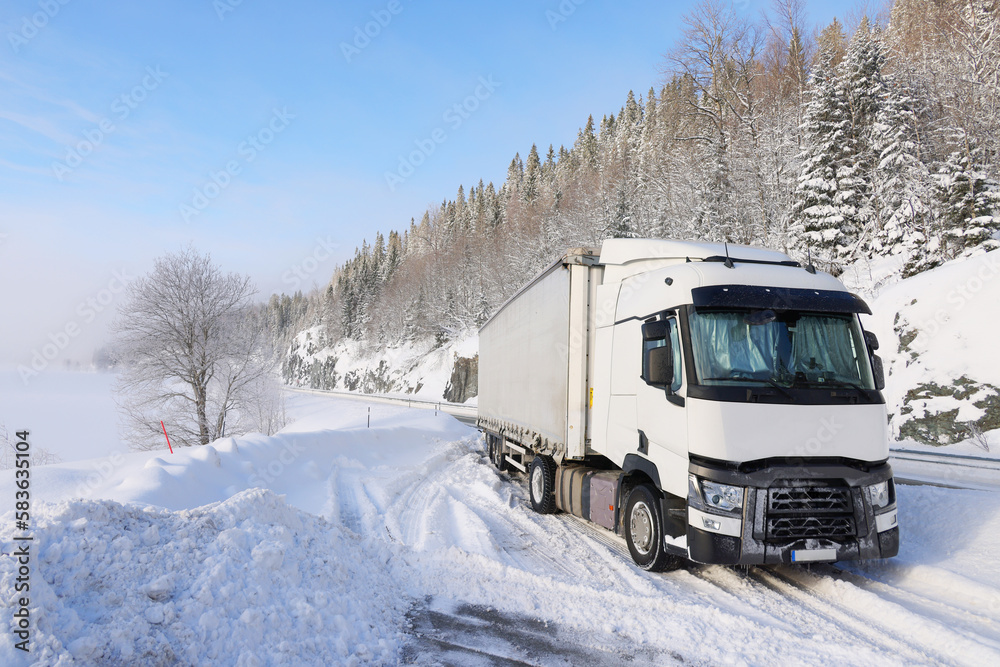 Transport truck stuck in the snow at the cold winter