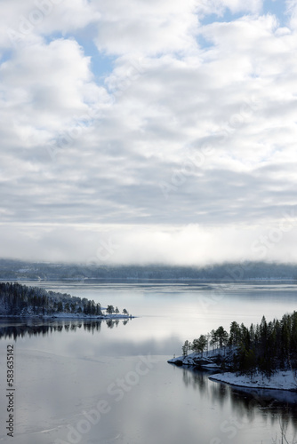 Winter landscape the frozen shores of Jonsvatnet lake near Trondheim, Norway., Europe