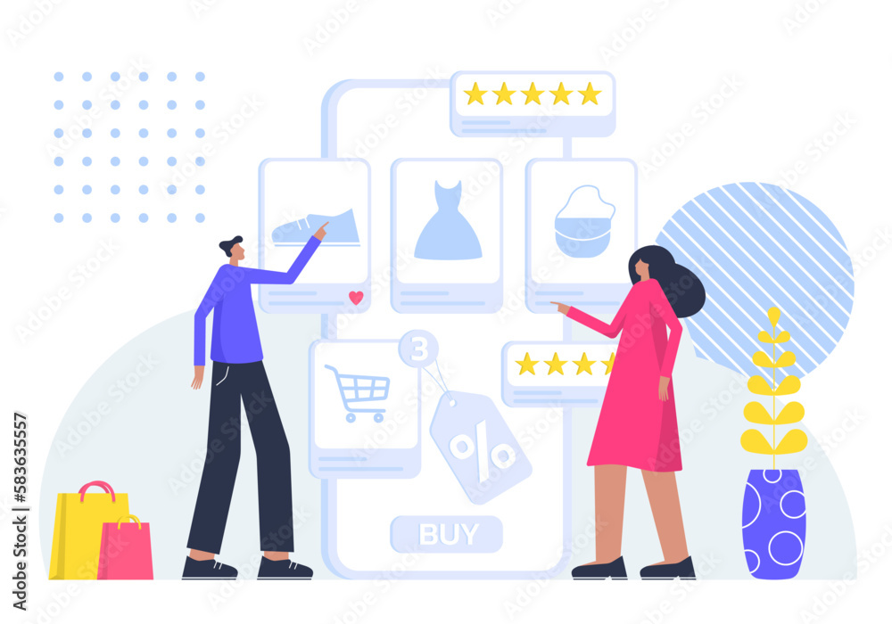 Online shopping concept. Shop in a mobile app, internet store. People order online. A man and a woman buy through the phone. Vector illustration. Online shopping concept. Shop in a mobile app, internet store. People order online. A man and a woman buy through the phone. Vector illustration.