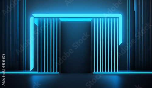 abstract blue neon lines background doorway portal frame shape new quality stock image illustration desctop wallpaper design, Generative AI