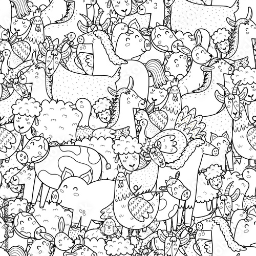 Farm animals black and white seamless pattern for coloring book. Doodle print with funny characters coloring page. Vector illustration