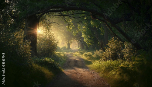 Magical scenic and pathway through woods in the morning. Generative Ai. © 121icons