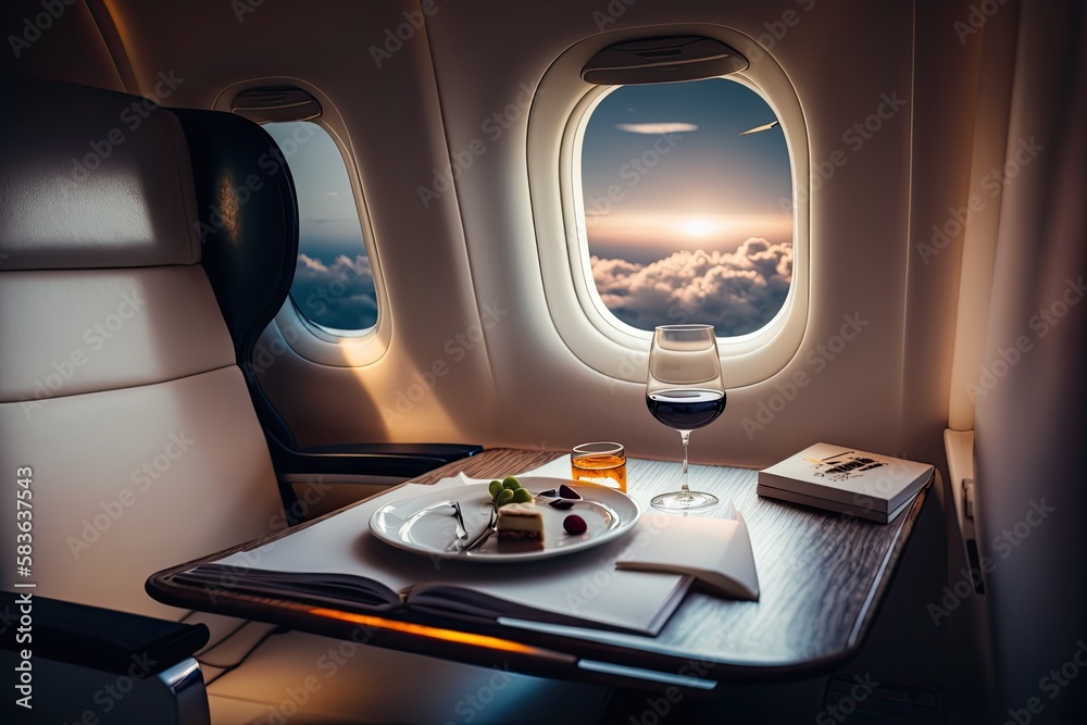 First class seat with gourmet food and two glass of wine. Fly with class. Generative AI