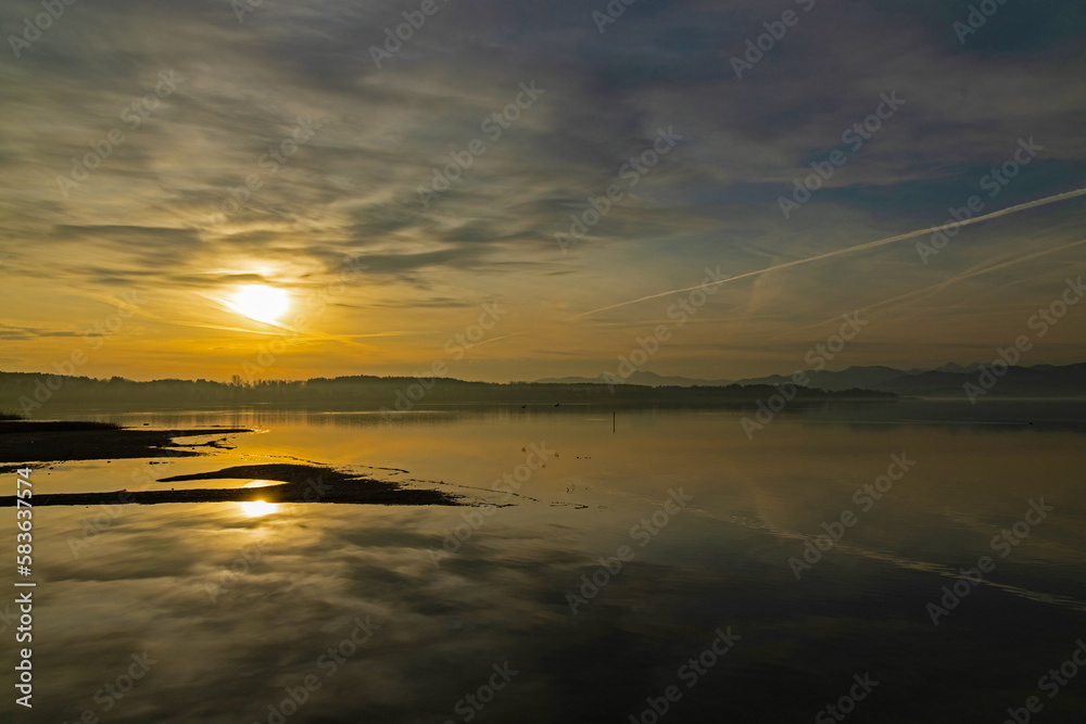 Fototapeta premium view over Chiemsee lake in sunset