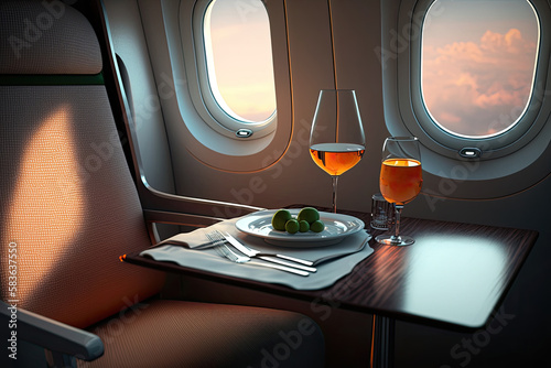 First class seat with gourmet food and two glasses of wine. Fly with class. Generative AI photo