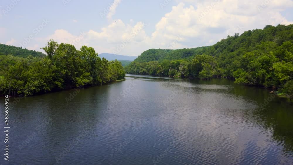 James River Gorge at Blue Ridge Parkway in Virginia. View of the James River water gap, a rare geological feature. The lowest point on the parkway and historically significant river throughway. James River Gorge at Blue Ridge Parkway in Virginia. View of the James River water gap, a rare geological feature. The lowest point on the parkway and historically significant river throughway.