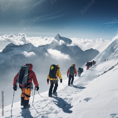 Mountaineers walking on a snowy mountain. Ai Generative.