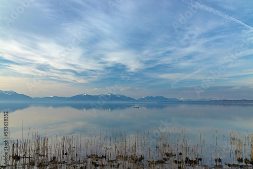 view over Chiemsee lake to the alps