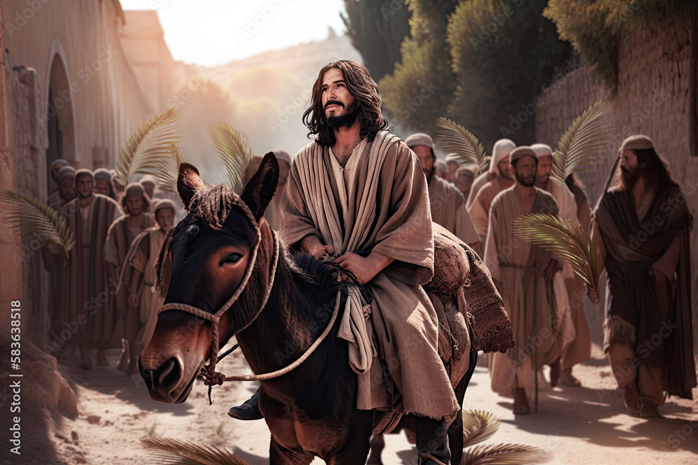 Biblical account of Jesus Christ riding a donkey  people surrounded him. Triumphal Entry in Jerusalem or Palm Sunday Easter and is recorded in the Gospels. Generative ai - obrazy, fototapety, plakaty 
