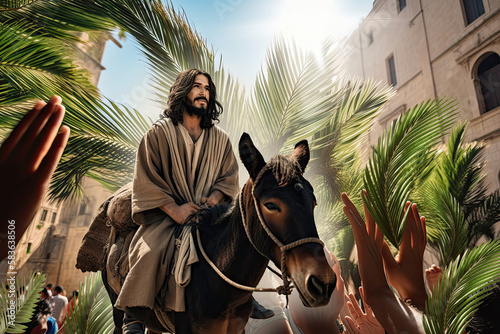 Biblical account of Jesus Christ riding a donkey while many people surrounded him. Triumphal Entry in Jerusalem or Palm Sunday Easter and is recorded in the Gospels. Generative ai photo