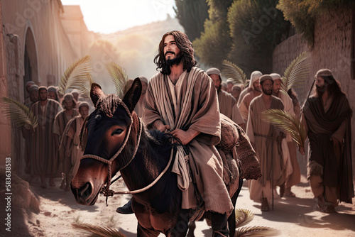 Biblical account of Jesus Christ riding a donkey  people surrounded him. Triumphal Entry in Jerusalem or Palm Sunday Easter and is recorded in the Gospels. Generative ai photo
