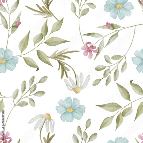 Watercolor Floral Seamless Pattern  Textured Watercolor Flowers  Branches and Leaves Background