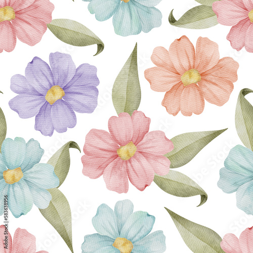 Watercolor Floral Seamless Pattern, Textured Watercolor FLowers and Leaves Background
