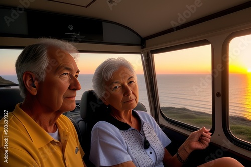 Senior happy couple greeting the sunset in the Camper van. Concept of active age. Generative AI © mikhailberkut