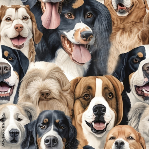 Seamless pattern with happy dogs. Made with Generative AI. © Paul