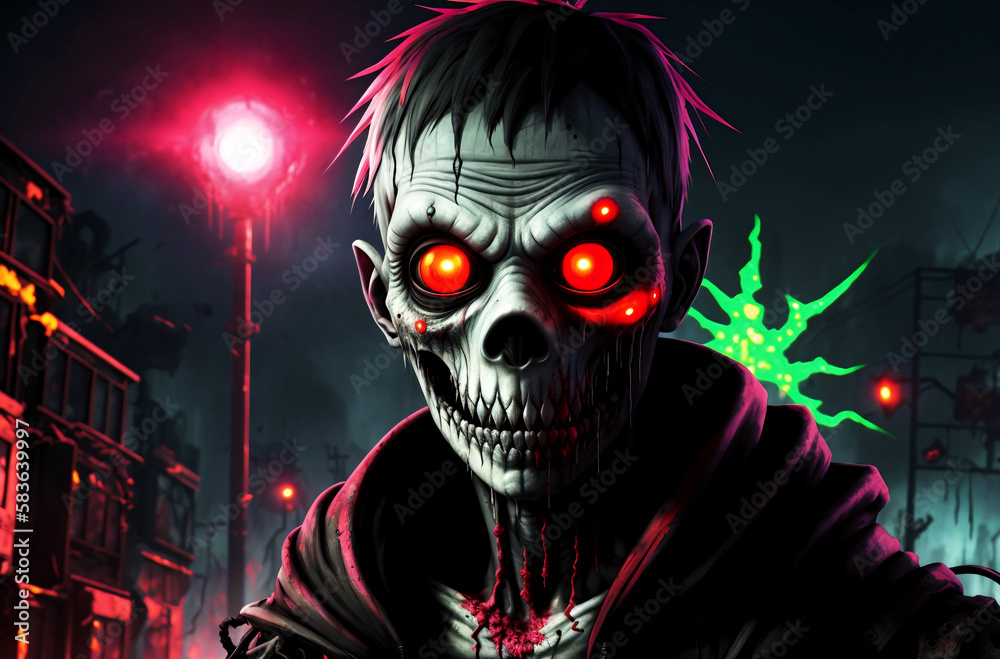 Zombie. Ugly creature with big glowing eyes. Deceased monster. Generative AI. Zombie. Ugly creature with big glowing eyes. Deceased monster. Generative AI.