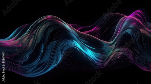 Abstract fluid 3d render holographic iridescent neon curved wave in motion dark background. Generative AI.
