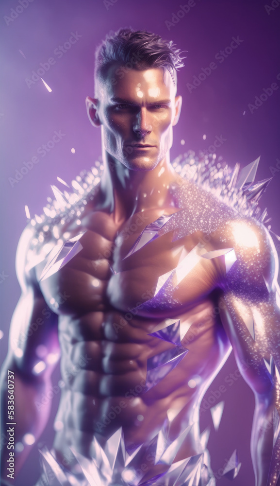 Portrait of a fashionable guy, dancing with a naked torso and a shiny crystal glitter on the skin. Created in AI.