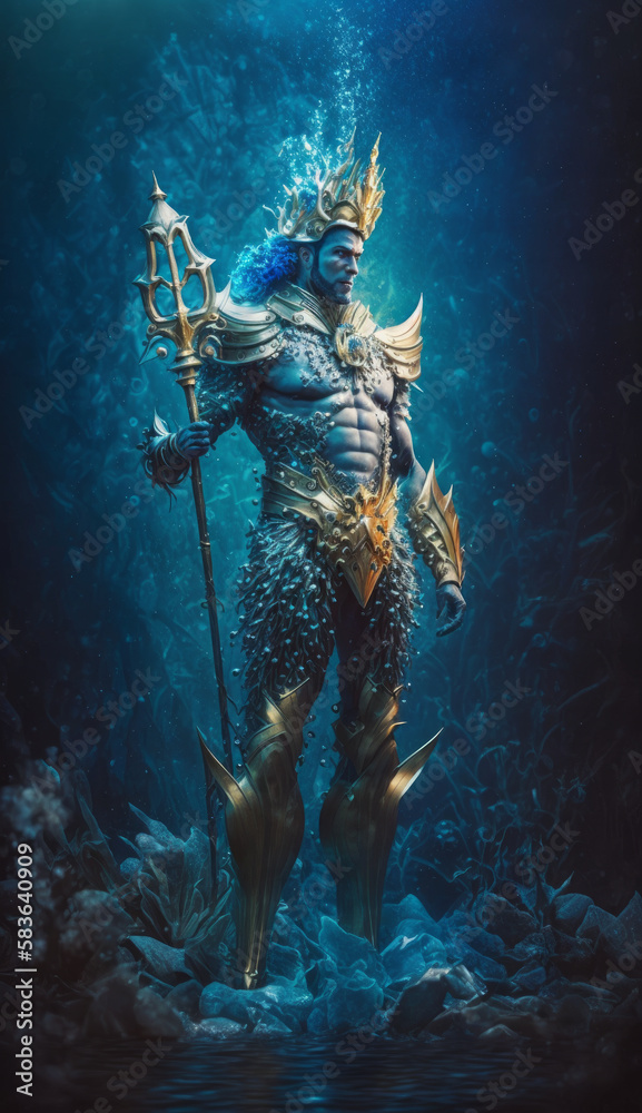 Neptune, sea king and prince of the seas, merman, hero from mythical stories. Created using generative AI.