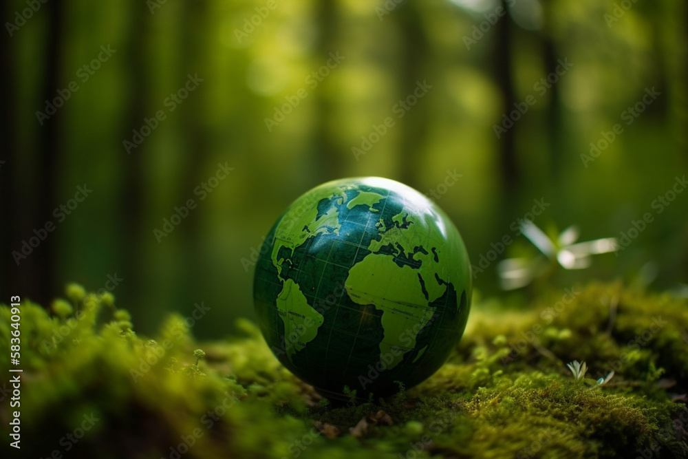 A green world globe with continents, set against a natural green background. AI