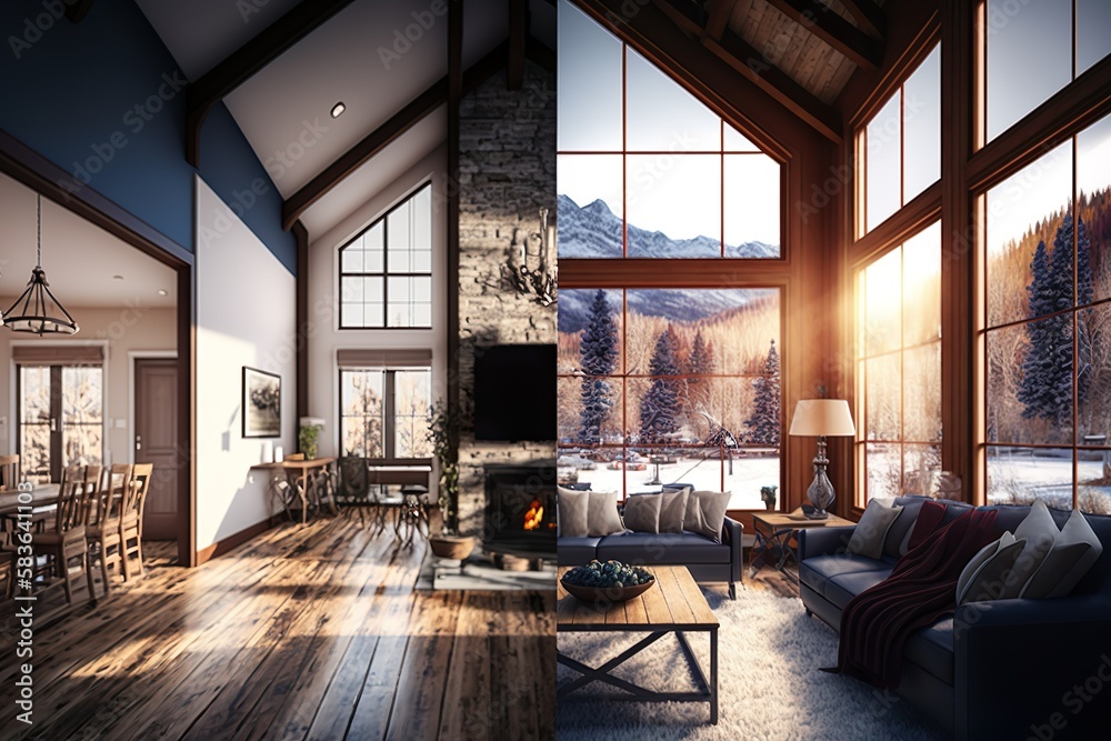 Best interior design of a lodge having beautiful view Ai Generated