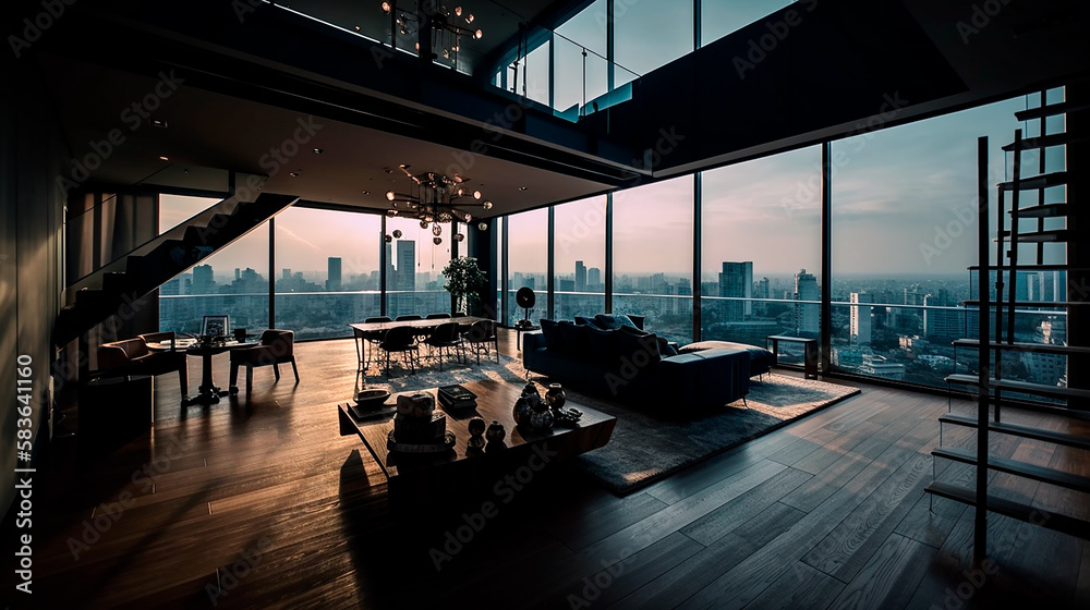 ático de dos pisos con una sala de estar enorme con un diseño interior moderno y minimalista. (Generative Ai)