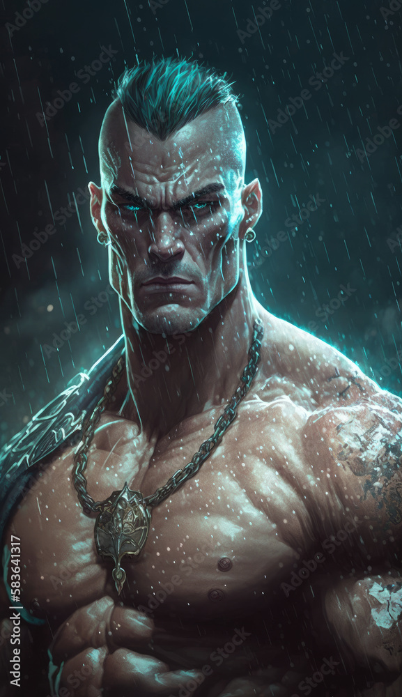  portrait of a muscular man, a dark A brutal, scarred barbarian with a metal necklace. Hero and anti-hero of different peoples and times. Created using generative AI.
