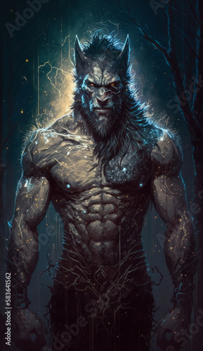 Brutal portrait of a vampire werewolf, a man of wars with a formidable look in the rain. Antihero of the Middle Ages. Created using generative artificial intelligence.