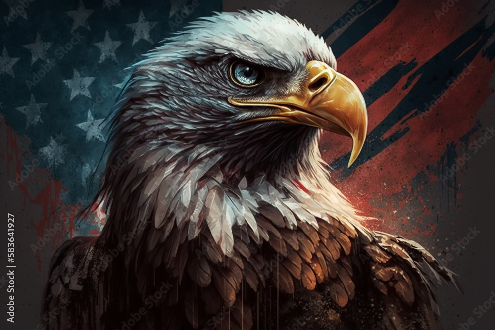 Obraz premium Eagle with american flag in the background for 4th of July. Duty and patriotism USA freedom concept. Ai generated