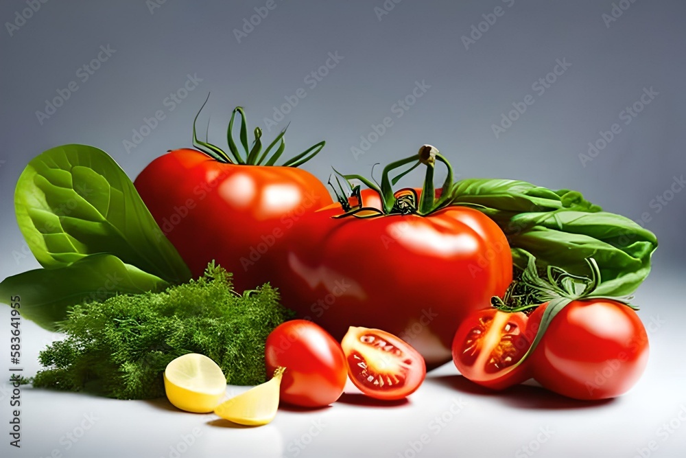 Isolated on white, a still life with tomatoes, ketchup, and herb, generated AI