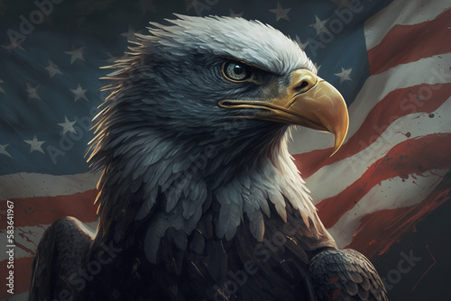 Eagle with american flag in the background for 4th of July. Duty and patriotism USA freedom concept. Ai generated