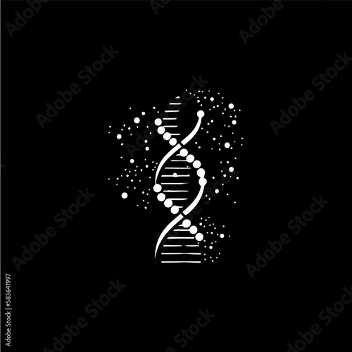 DNA text logo template, white icon of helix structure on black background, science logotype concept, chemistry emblem, tattoo. Vector illustration