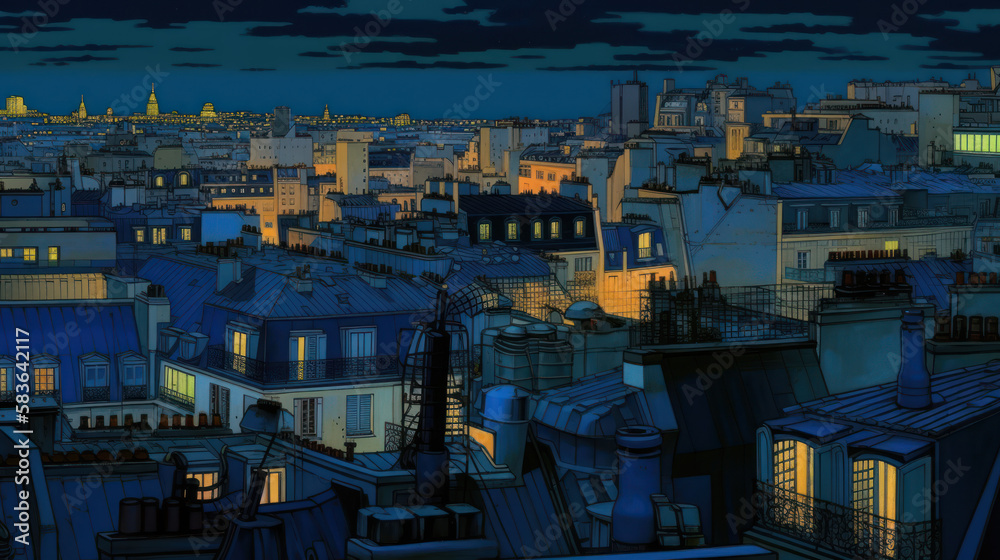 Dessin des toits de Paris au couché de soleil avec lumières de la ville