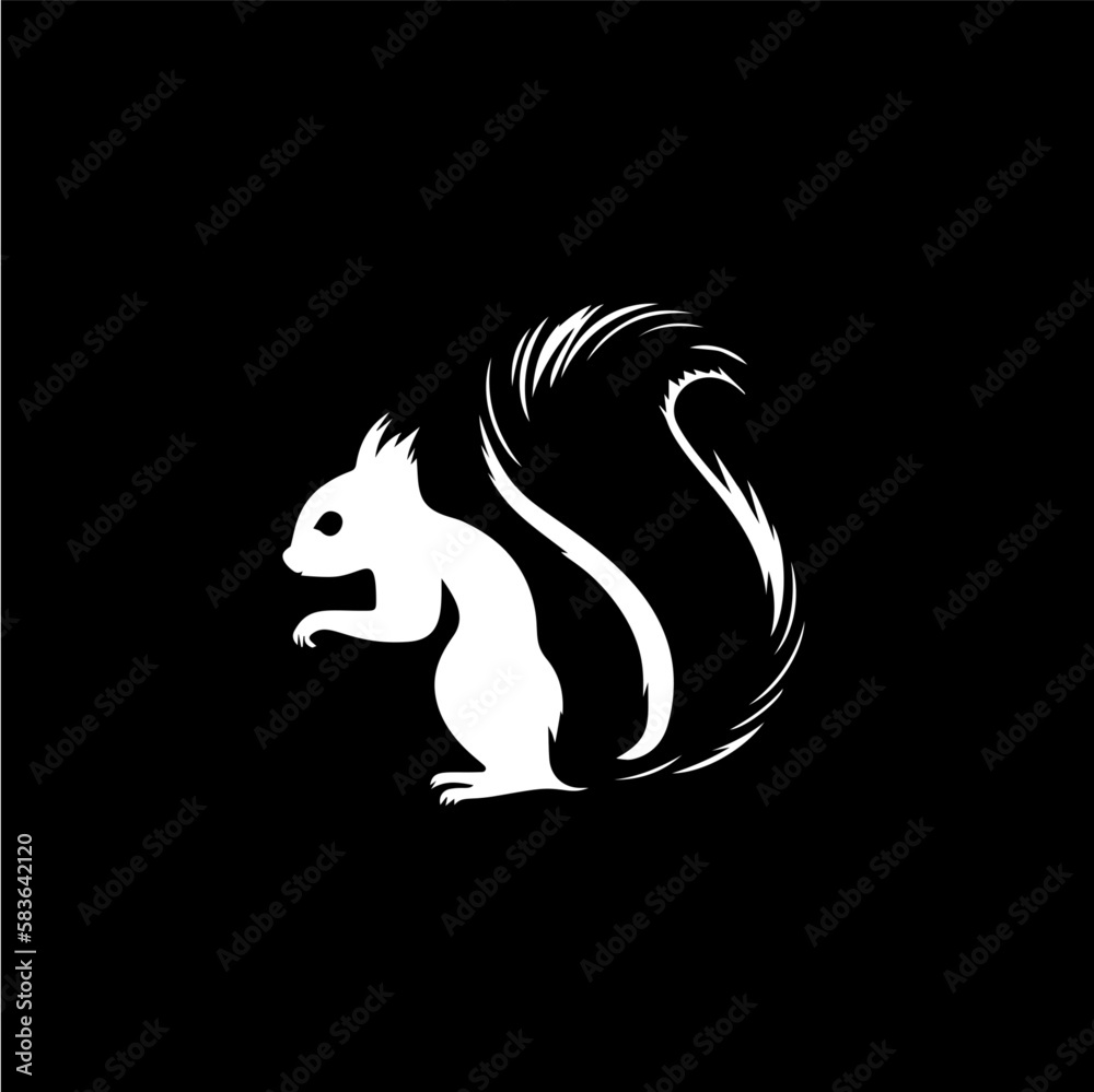 Squirrel head and tail icon, wild animal logo template. Hand drawing emblem on black background for body art and tattoo, minimalistic sketch art. Vector illustration Squirrel head and tail icon, wild animal logo template. Hand drawing emblem on black background for body art and tattoo, minimalistic sketch art. Vector illustration