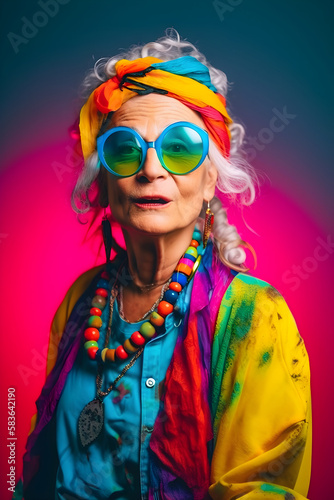 Cheerful grandmother's portraits. An older elderly woman dresses elegantly for a special event. fashion model grandmother on a colored background in bright colored glasses vertical photo Generative AI © Aksana