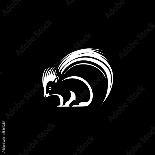 Skunk head and tail icon, savage wild animal logo template. Hand drawing emblem on black background for body art and tattoo, minimalistic sketch art. Vector illustration