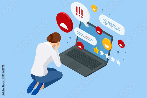 Isometric Cyberbullying or Bad Influence on the Internet. Cyberbullying Victim. Young Woman Crying in Front of Laptop Screen Due to Haters Messages.