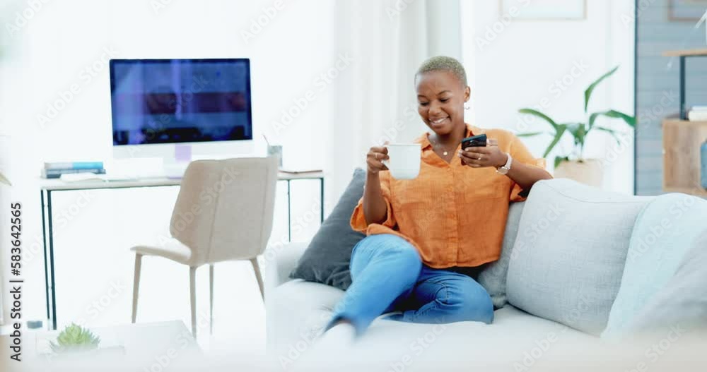 Black woman, coffee and texting with phone on sofa to relax, streaming video and social media in house. Gen z African, drink latte and smartphone with reading blog, app ux and happiness in apartment Black woman, coffee and texting with phone on sofa to relax, streaming video and social media in house. Gen z African, drink latte and smartphone with reading blog, app ux and happiness in apartment