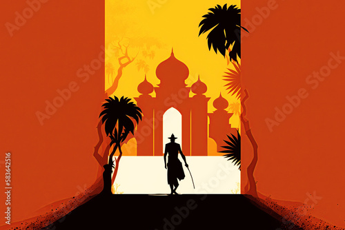 Minimalist Indian illustration with man walking towards temple. Generative AI.