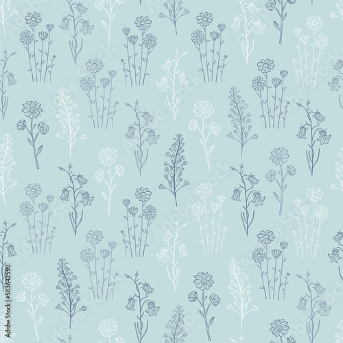 Hand drawn seamless pattern of blooming wildflowers, canterbury bells, chamomile. Floral collection on a blue background. Decorative outline illustration for greeting card, wallpaper, wrapping paper