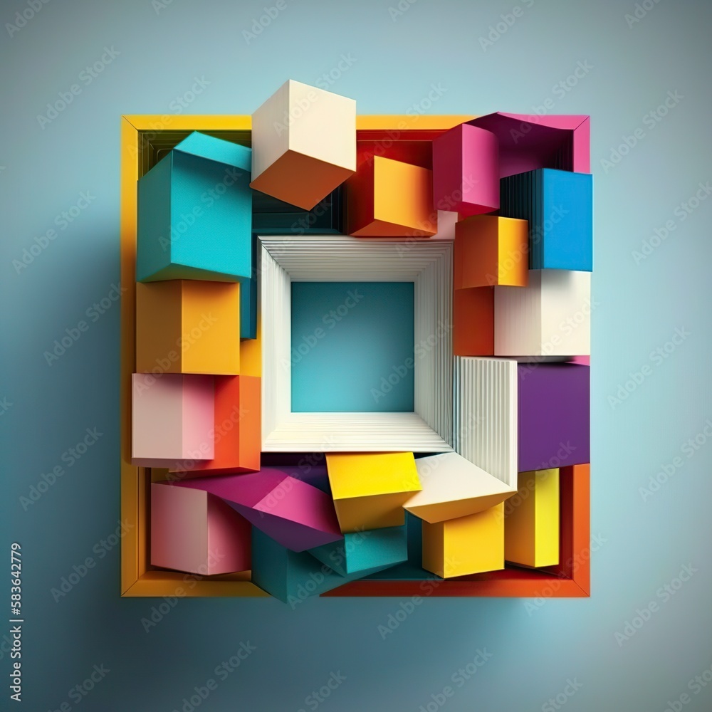 3D geometric illustration, of colorful squares, ai generative